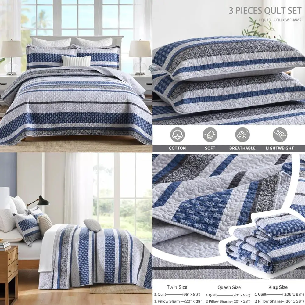 

Queen Size 100% Cotton Quilt Bedding Set - Gray Blue Farmhouse Style Comforter Bedspread