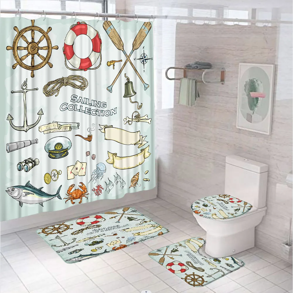 Nautical Compass Anchor Lighthouse Shower Curtains Sets Ocean Sailboat Bathroom Screen Non-Slip Rug Toilet Cover Floor Bath Mat