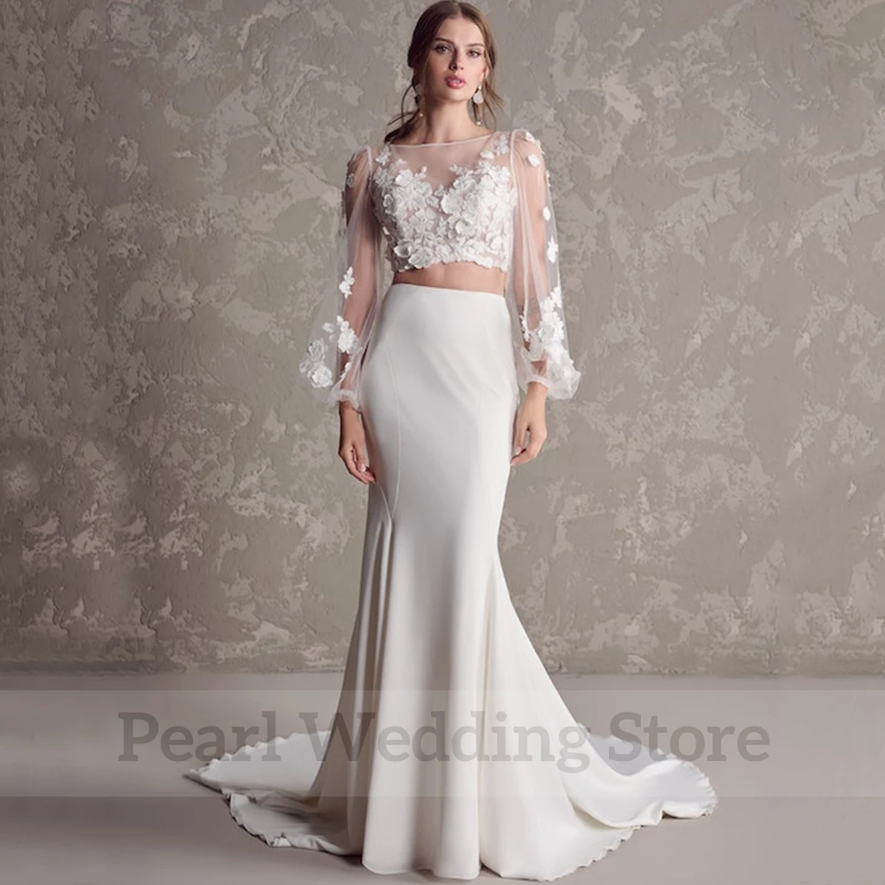 Robe de Mariée Sirène Exquise Deux Pièces, Tenue en Tulle, à Manches sulf, en Mousseline de Soie, Col Rond, sur Mesure, pour Patients