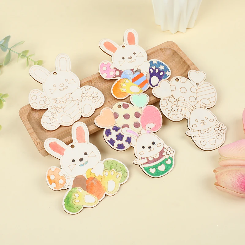 10Pcs Wooden Easter Rabbit Craft Kids DIY Painting Gift Bunny Egg Hanging Ornament Happy Easter Home Party Decoration Supplies