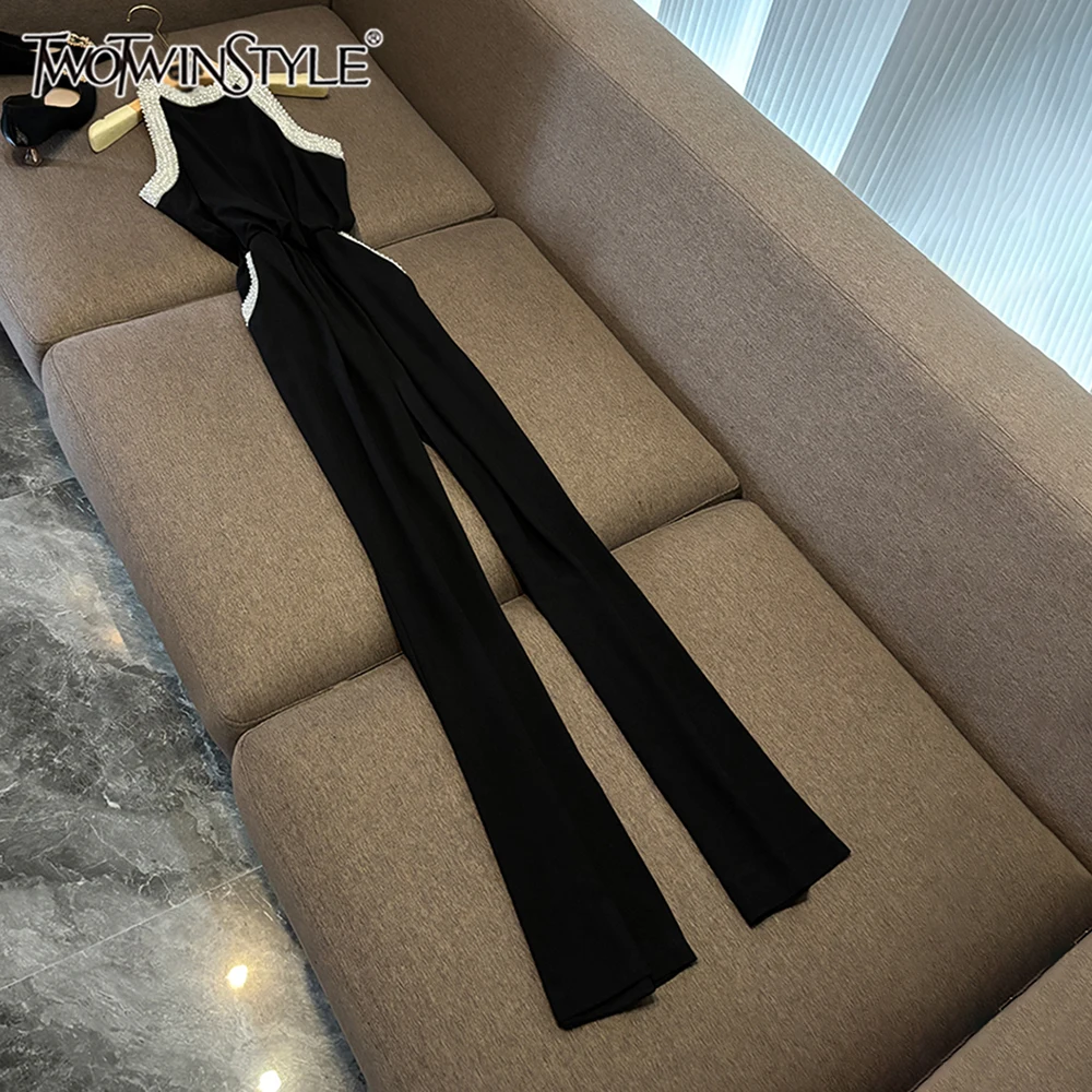 

TWOTWINSTYLE Элегантные однотонные комбинезоны с жемчугом для женщин, дизайнерский комбинезон без рукавов с круглым вырезом и высокой талией KJU539684