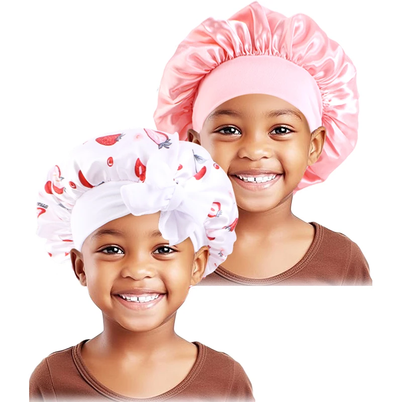 2PCS/LOT Kids Satin Bonnet Sleep Hat Bow Adjust Kids Girls Boys Night Sleep Cap Flower Printed Bonnet  Hair Beanie Shower Cap