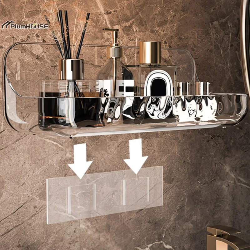 Acrílico Transparente Storage Rack para Banheiro, Wall Mounted, Punch Free, Cosmetic Storage Tray, Makeup Organizer, Kitchen Shelf
