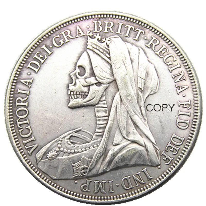 Hobo1893 Great Britain crown Queen Victoria veiled head Silver Plated Copy coin Skull Design