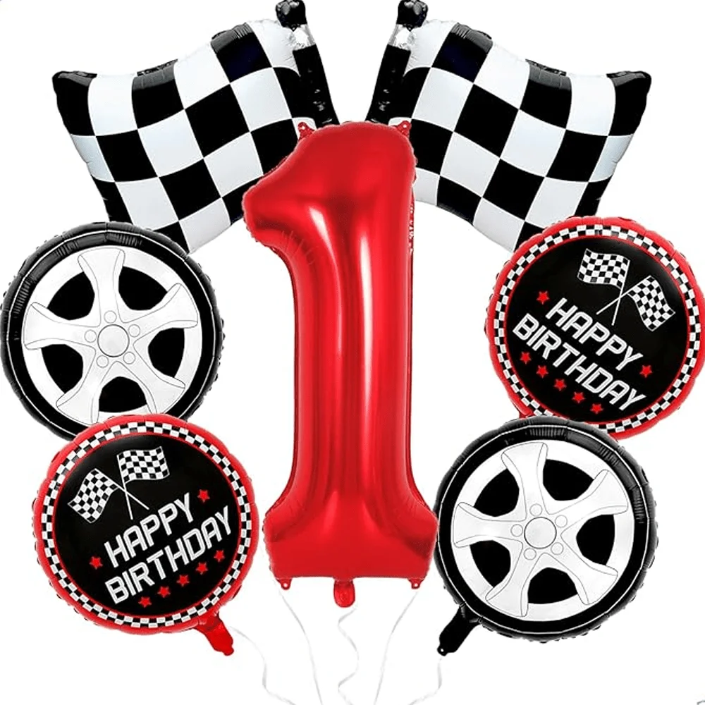 7-teiliges Auto-Rennballon-Set, Verkehrskegel, schwarz-weiß karierte Flaggen, Rennrad-Reifen-Folienballon, Kinder-Auto-Geburtstagsparty-Deko