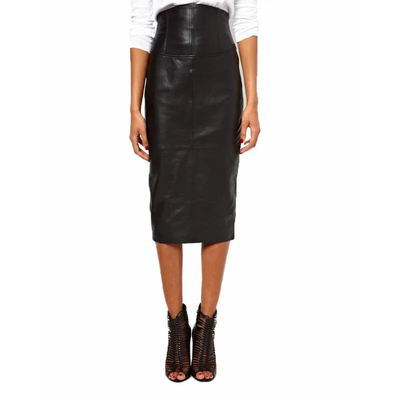 

Women's Genuine Real Lambskin Leather Skirt Below Knee Pencil Stylish Soft Black