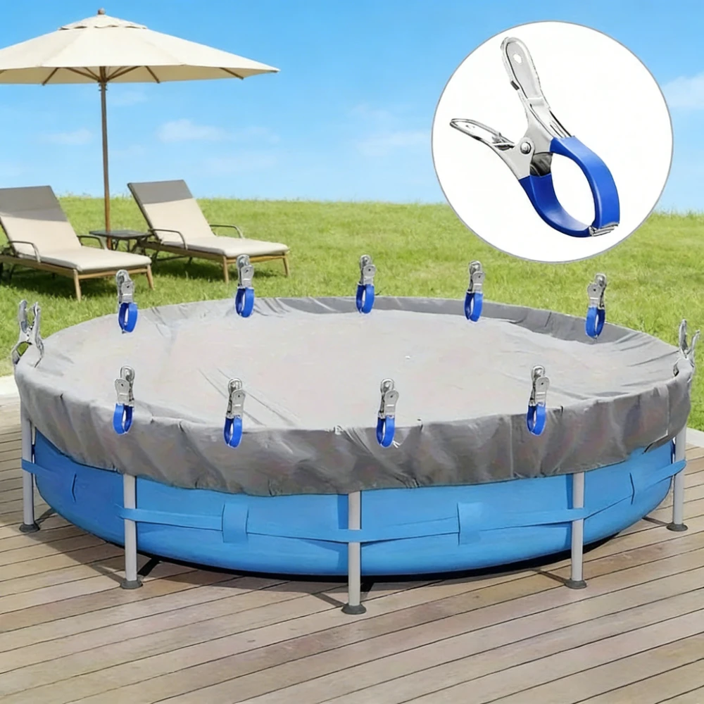 12pcs Stainless Steel Pool Cover Clips, Durable Pool Cover Clamps with Blue Handle for Above Ground Pool Accessories
