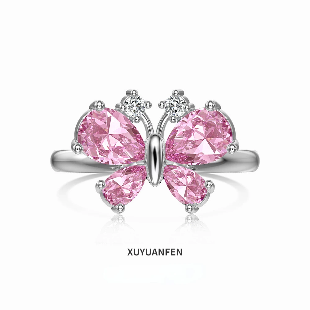 

XUYUANFEN Cross Border Hot Selling S925 Sterling Silver Ring for Women's Forest Series, Fresh and Versatile Pink Zircon