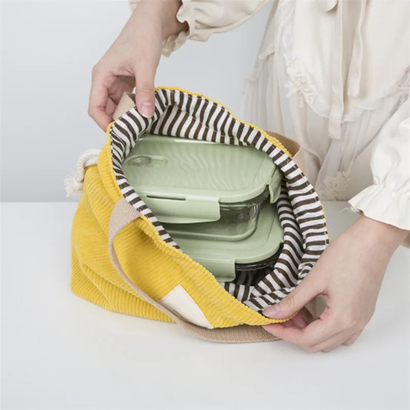 New Lunch Bag Men Women Corduroy Canvas Lunch Box Drawstring Carry Picnic Tote Small Handbag Dinner Container Food Storage Bags