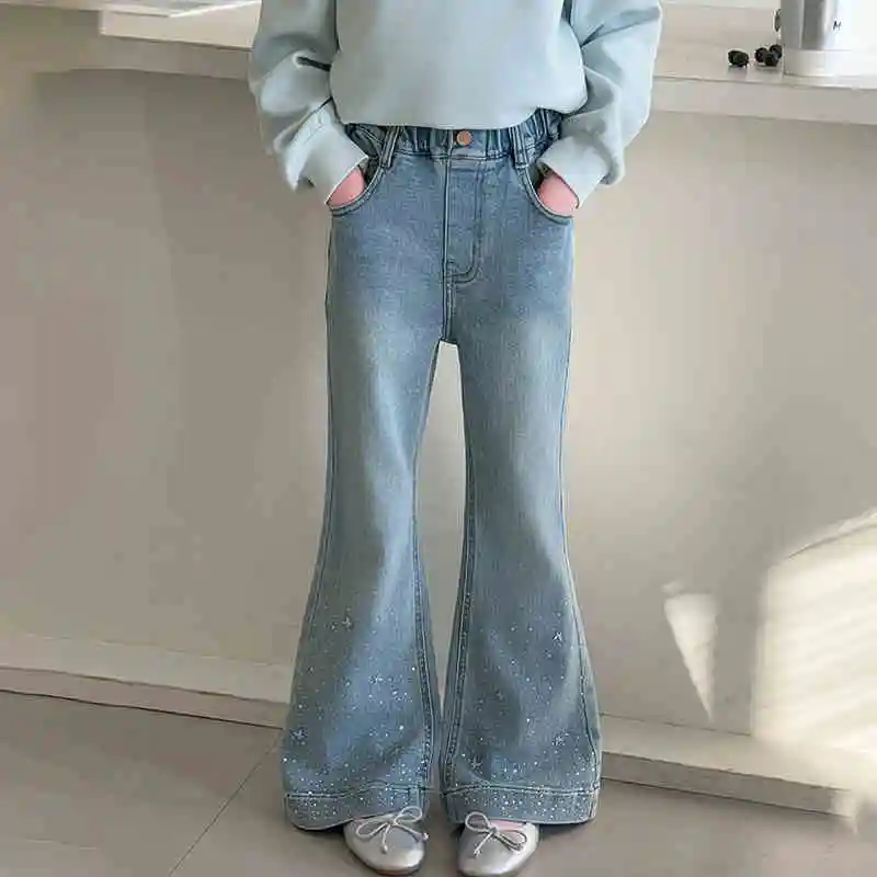 جينز بناتي: جينز بناتي مرصع بحجر الراين، جينز متوهج بنمط ربيعي جديد، مناسب للأطفال من سن 7 إلى 14 عامًا