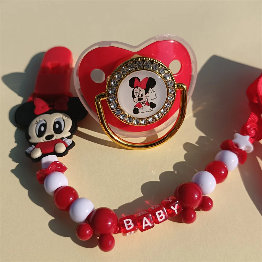 [1 Set] New Anime Minnie Mouse Image Baby Dummy with Chain Holder BPA Free Luxury Silicone Dummys Boy Girl Chupeta Baby Shower