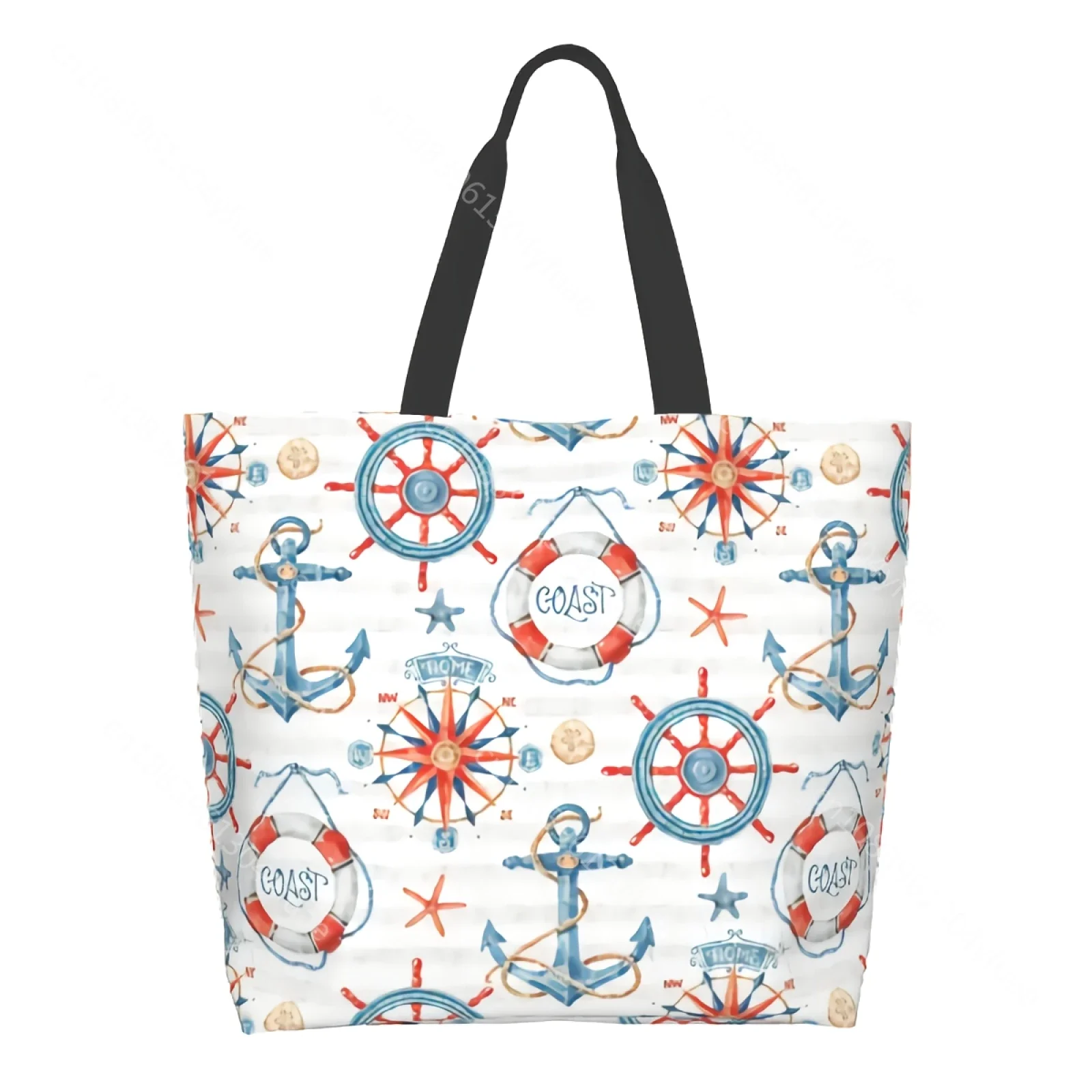 Vintage Blue Nautical Anchor Ships Helms Life Rings Map Circle Compass Canvas Tote Bag for Women Weekend Kitchen Grocery Bag