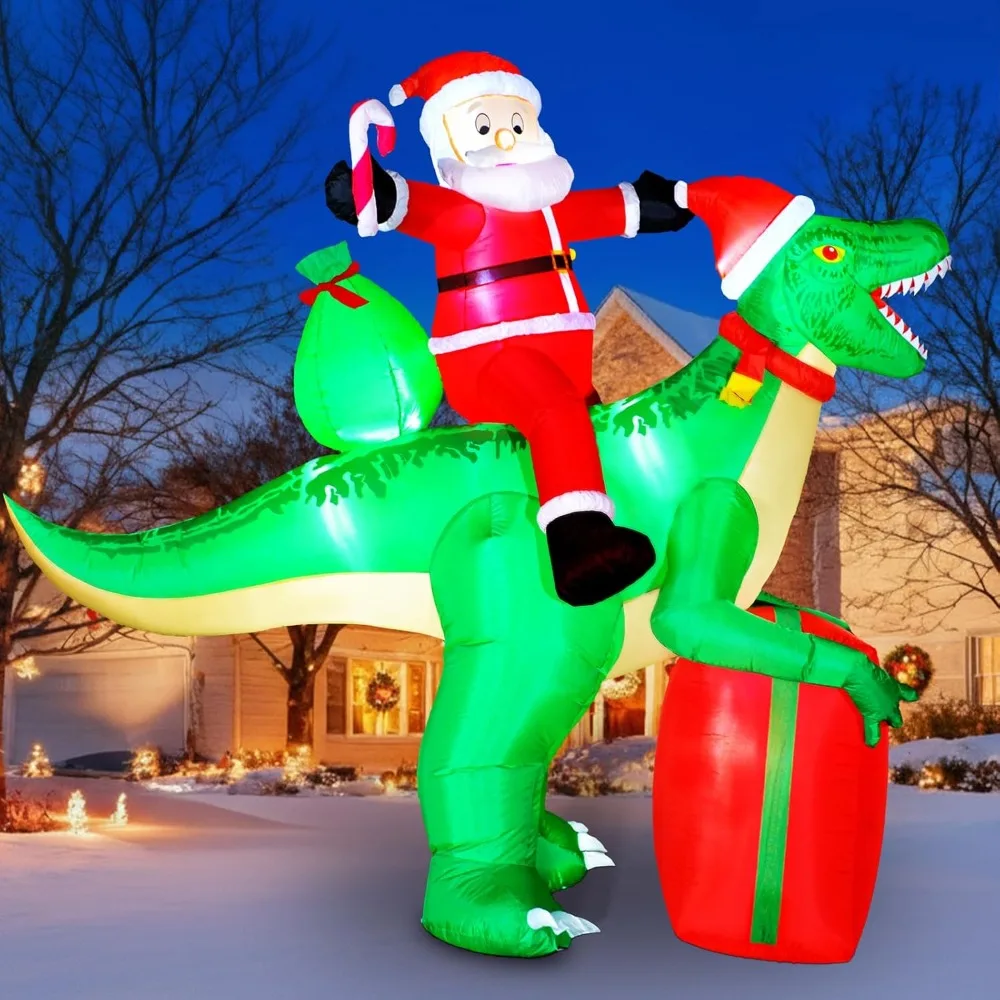 

9ft Christmas Inflatables Santa Riding Dinosaur with Built-in LED,Dinosaur Inflatable Christmas Blow Up Yard Decorations with Wa