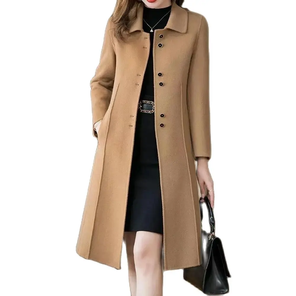 

2024 Autumn And Winter New Fashion Woolen Coat Ladies Loose Mother Slim Waist Temperament Long Casual Warm Woolen Coat WomenTide