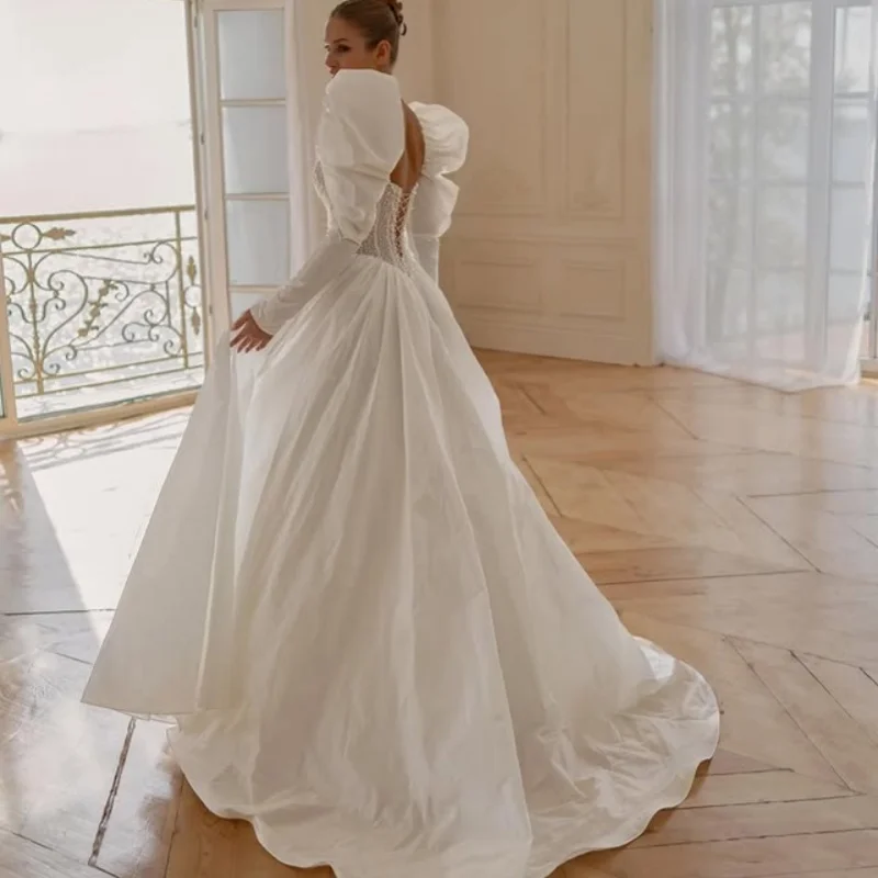 فساتين زفاف بيضاء خارج الكتف مشد لؤلؤة الديكور فساتين الزفاف ألف خط متعدد الطبقات صنع تخصيص #3