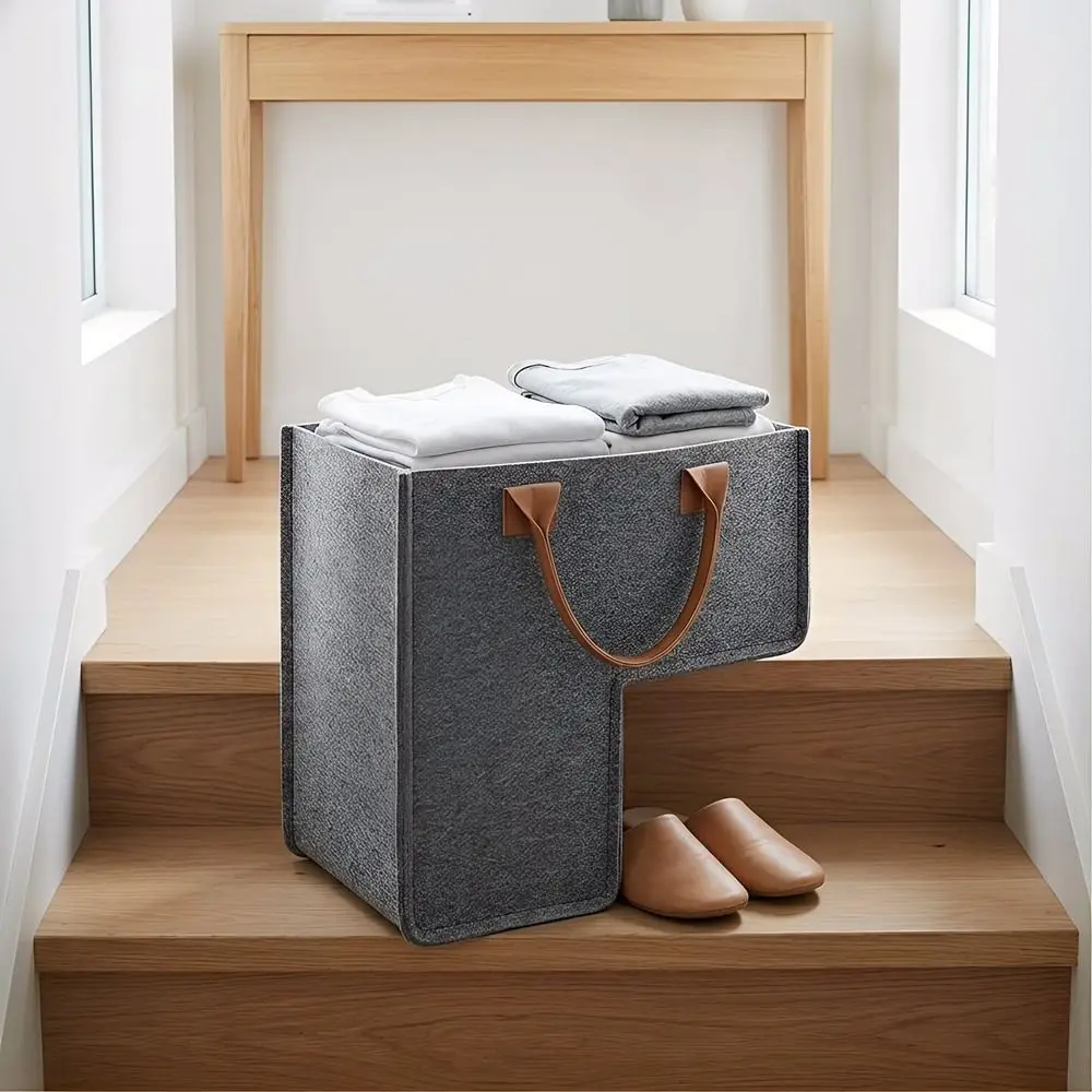 Large Capacity L Shaped Felt Basket Space Saving Folding Ladder Basket with Handles Washable Staircase Basket for Home