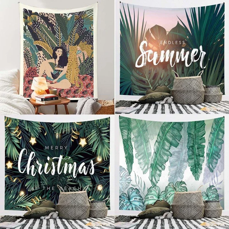Home Small Fresh Decoration Background Cloths Animal and Plant Hanging Blanket Bedroom Bedhead Wall Surface Tapestry Green 2pcs