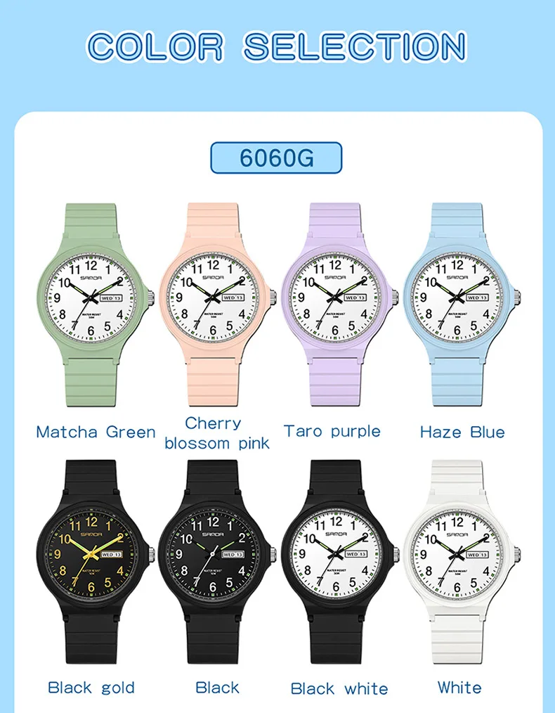 SANDA 9072 Personalized Casual Simple Waterproof Night Light Date Silicone Strap Youth Quartz Watch Men's and Women's Gifts
