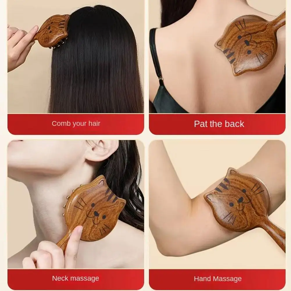 Gold Thread Sandalwood Detangling Brush Massage Comb Creative Cartoon Cute Cat Long Hair Comb Home Use Thick Tooth Comb view 4