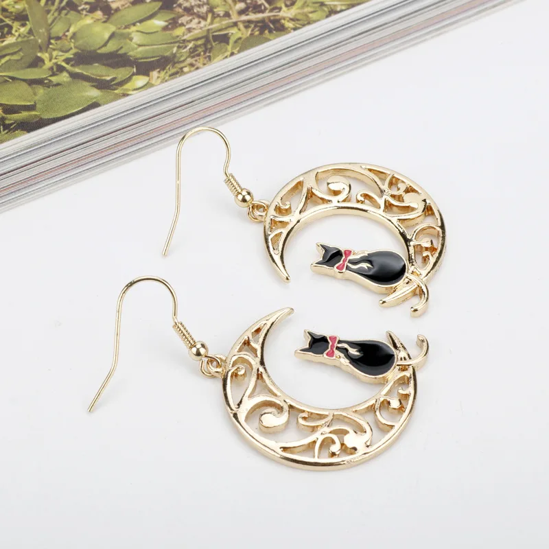 Boucles d'oreilles chat animal mignon pour femmes, chat debout sur la lune, boucles d'oreilles pendantes, cadeaux d'amoureux, bijoux punk gothiques