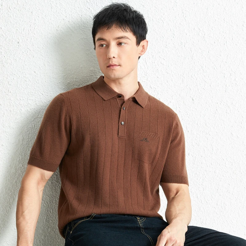 

Slim Fit Cashmere Men's Lapel Sweater Casual Blended Fashion Coffee Brown Classic Short Sleeve Men's Knitted Pullover Sweater