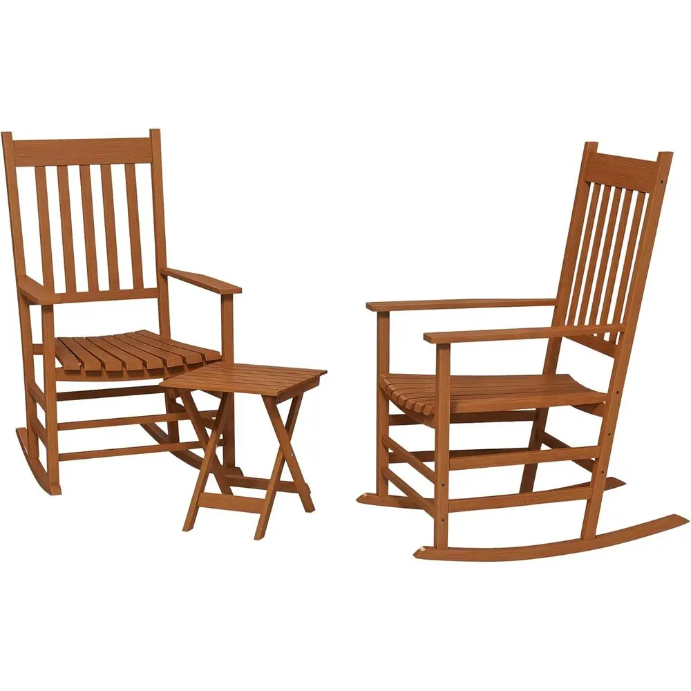 Outdoor Rocking Chair Set o 2 with Side Table, Patio Wooden Rocking Chair with Smooth Armrests, High Back or Garden, Balcony, Po