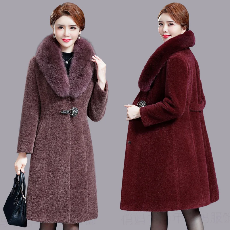 

High Quality Mother's Winter Clothes Mink Fleece Thicken Wool Coat Middle-aged Women Long Cashmere Woolen Overcoat Winter Jacket