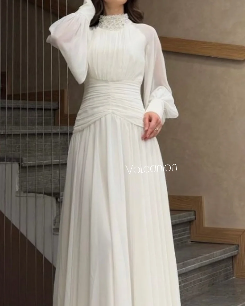 Customized Chiffon Draped Rhinestone A-line High Collar Midi Dresses Bespoke Occasion Prom Casual Simple