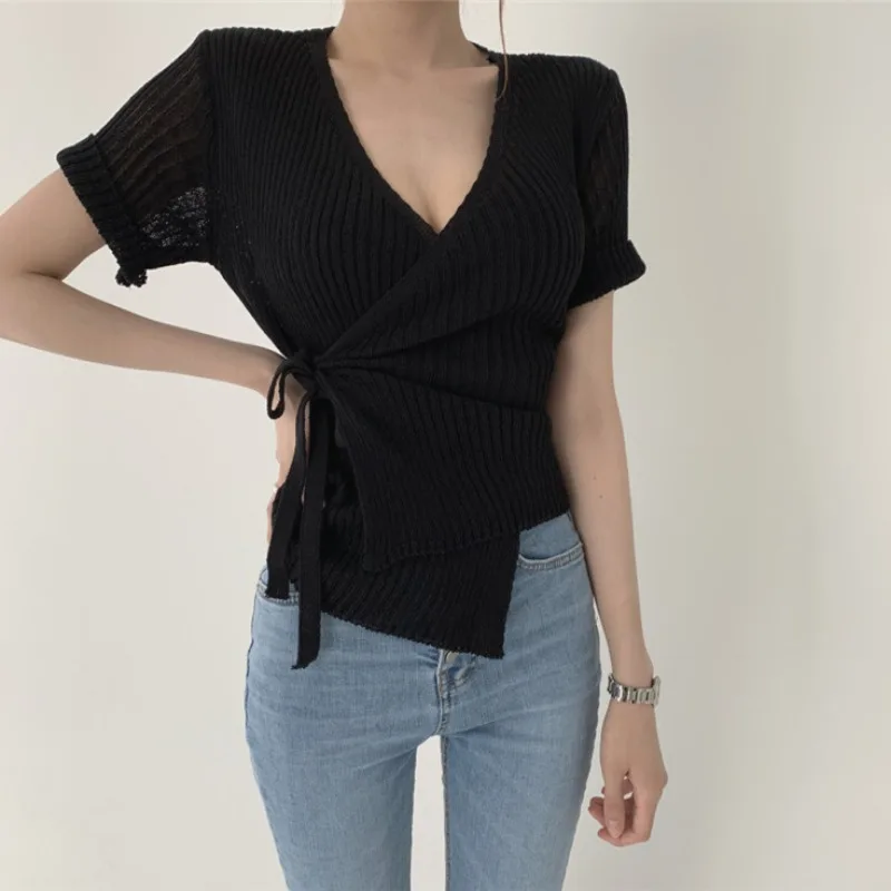 Deeptown Short Sleeve Criss Cross Women\'s Knit Cardigan V Neck Basis Knitwear Summer Korean Fashion Elegant Sweater Old Money