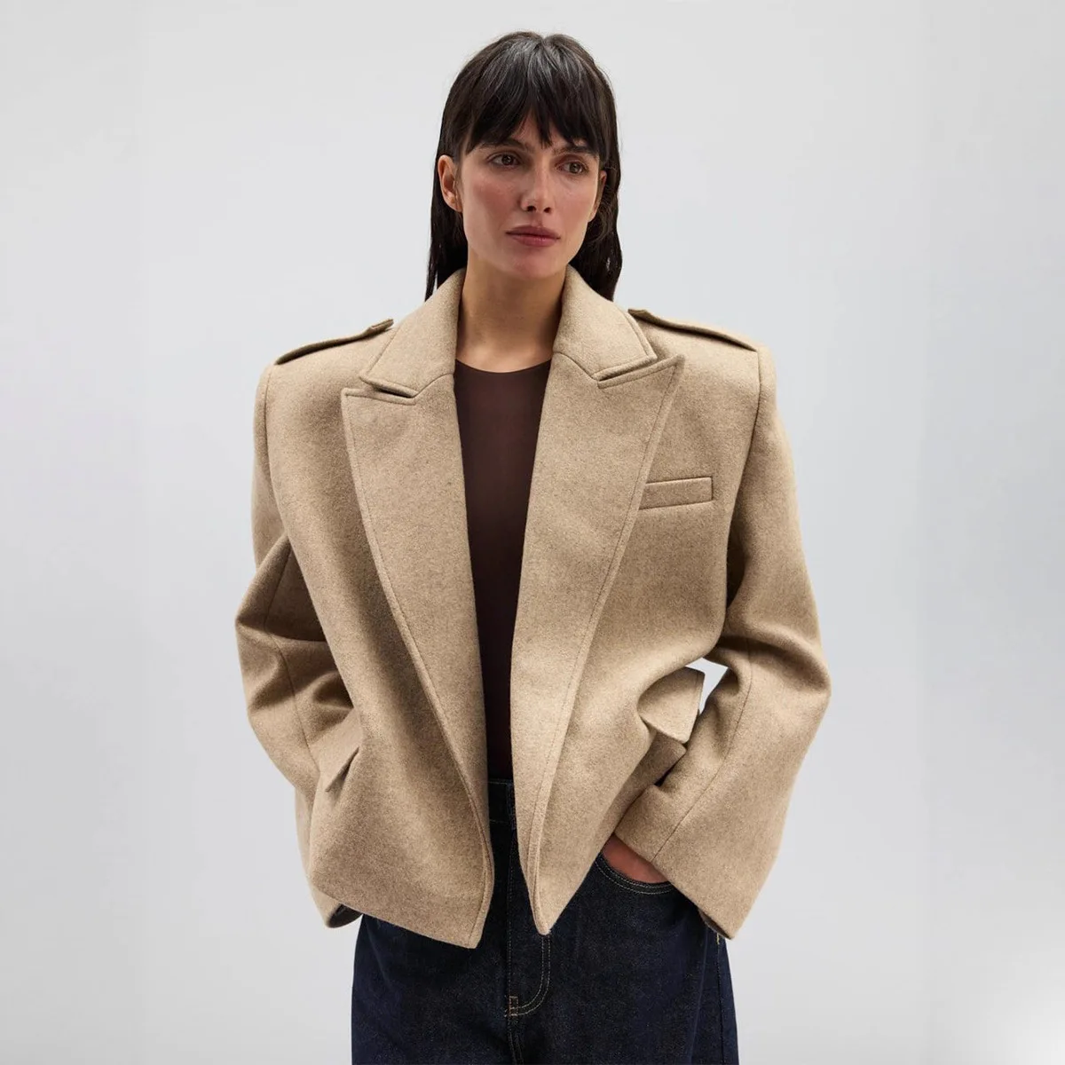 Original NotchLapel Blazer abrigo de lana Otoño e Invierno mujer moda calle folleto suelto grueso cálido chaqueta de lana a prueba de viento