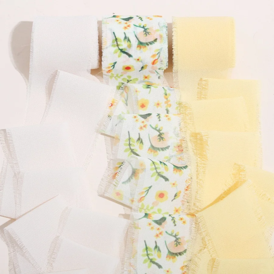 Mischen Sie 3 Rollen, 5 m, bedruckte Blumen, ausgefranstem Satin, handgefertigtes Chiffonband für Hochzeitseinladung, Blumenstrauß, Geburtsparty, DIY, Dezember, Geschenk – Detail 4