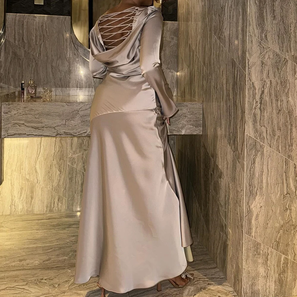 高品質のサテンのイブニングドレス,裸の肩,後ろにレース,長袖,高品質のカスタムサイズ