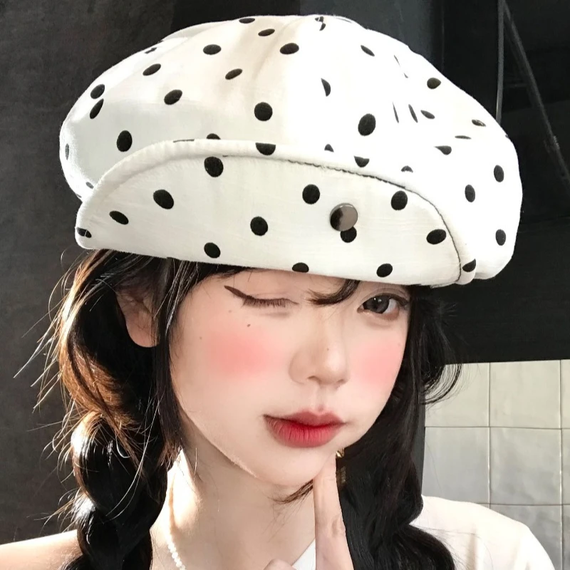 Women Polka Dot Flip Brim Snap Button Beret Cap Spring Summer Korean Style Casual Plus Size Show Face Small Painter Newsboy Hat