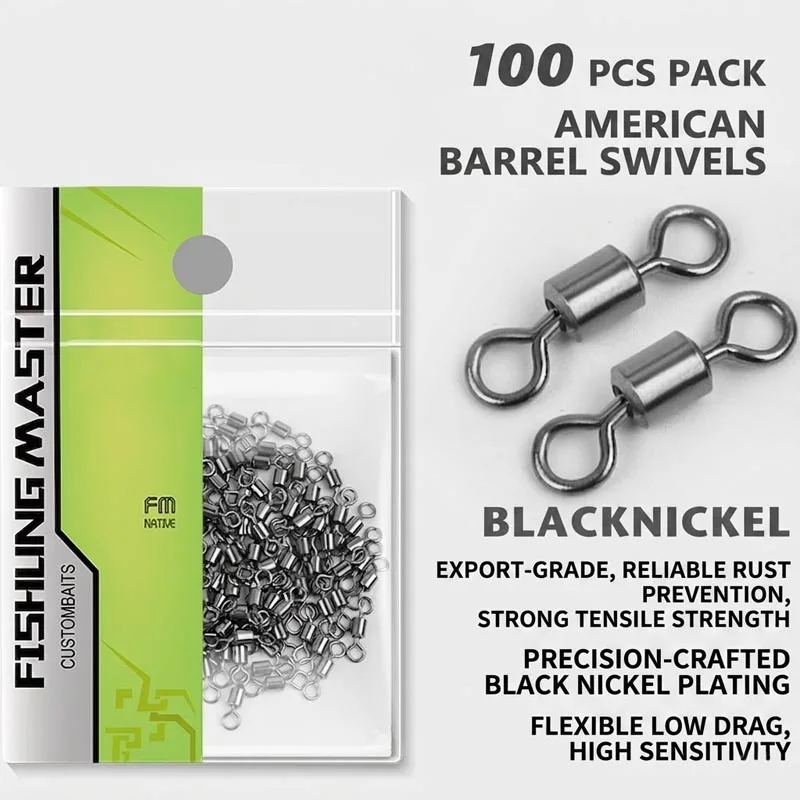 Émerillons de pêche en acier inoxydable, anneaux solides américains, connecteurs de leurres en nickel noir, terminaux haute résistance, 100 pièces
