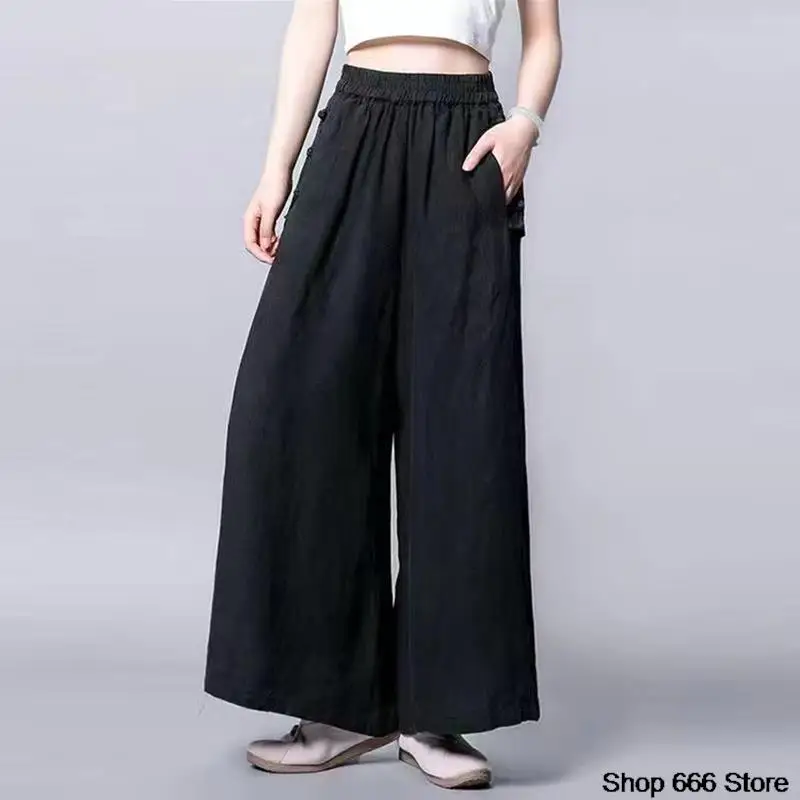 Ethnic Style Retro Wide Leg Pants Chinese Traditional Female Loose Culottes Chiffon Dance Trousers Fashion Print Pants90-200kg