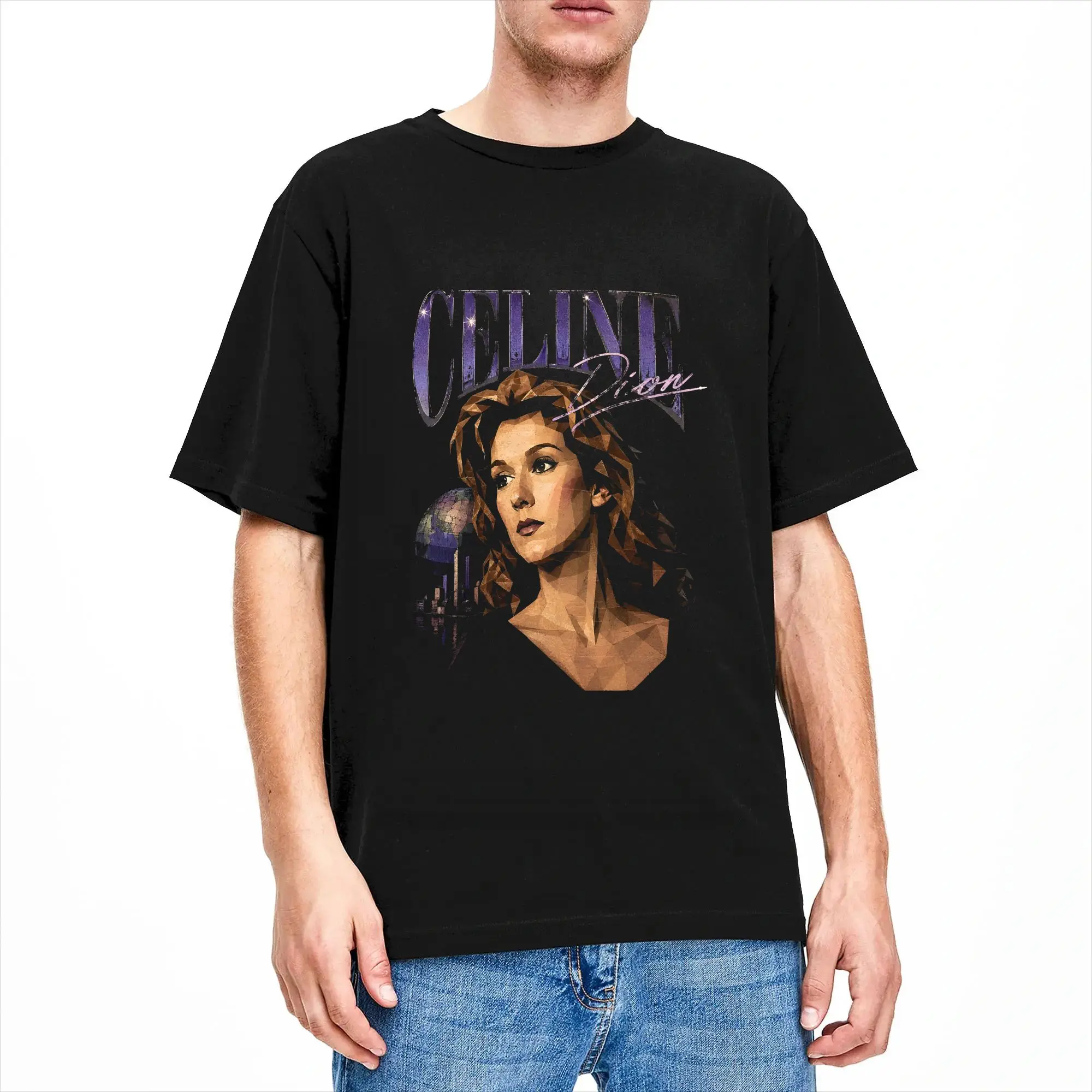 Celines Dion Face Portrait T Shirt Summer Canadian Singer T-Shirts Men 100% Cotton Round Neck Top Tees Short-Sleeved Tshirt