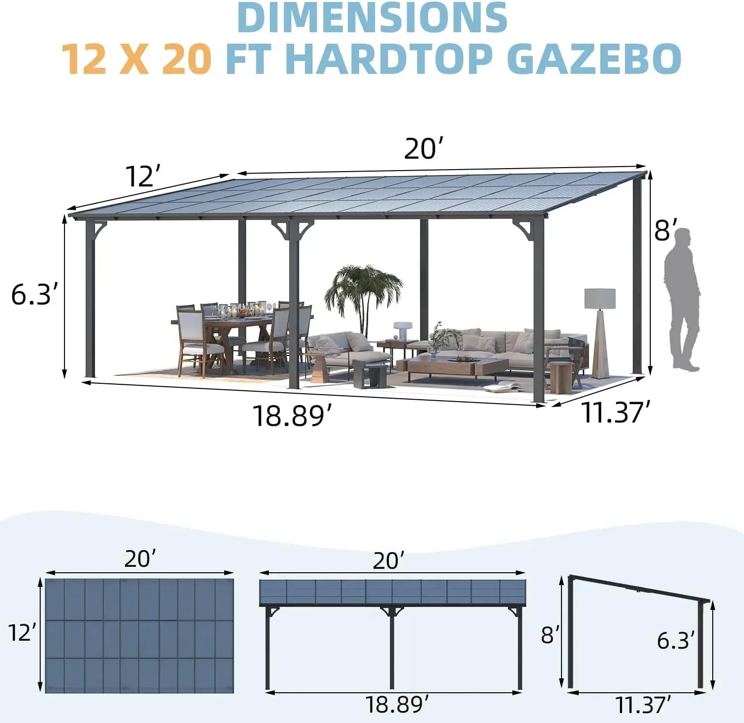 Gazebo de 20' x 12' para patio, gran pérgola de cenador rígida montada en la pared con techo de 12' x 20' en liquidación