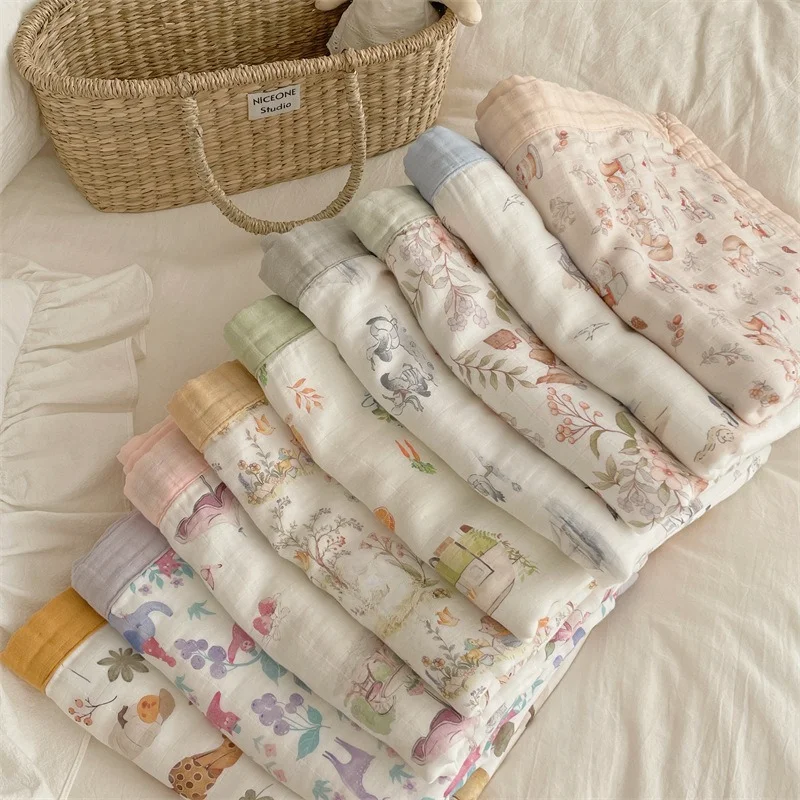 baby-muslin-swaddle-blanket-cotton-gauze-thin-quilt-summer-floral-double-layer-cotton-stroller-cover-baby-bedding
