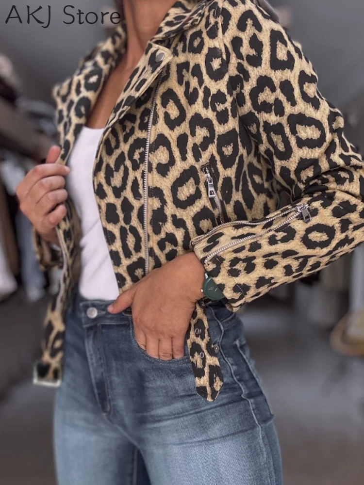 

Casual Leopard Print Notched Collar Long Sleeve Zipper Jacket