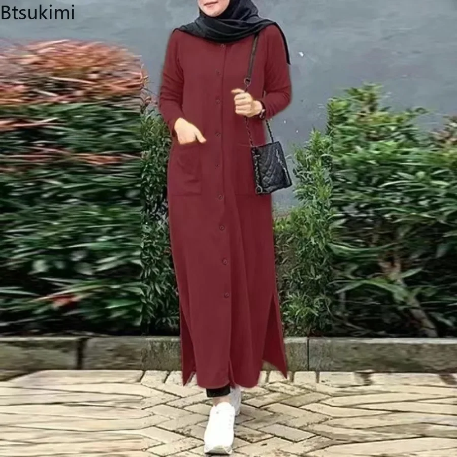 2025, Vintage-langes Kleid für Frauen, muslimisches Abaya, Hajib, langärmelig, O-Ausschnitt, Hemdkleid, Damen, lässiges Maxikleid, arabische bescheidene Robe