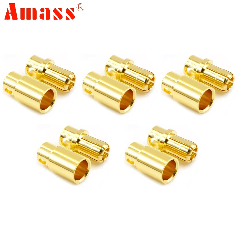 Amass-Banhado a ouro Banana Plug para RC Car, caminhão, Drone Parts, alta corrente, cobre, fêmea, macho, Motor ESC, DIY, 8,0mm, 180A, 5 pares por lote