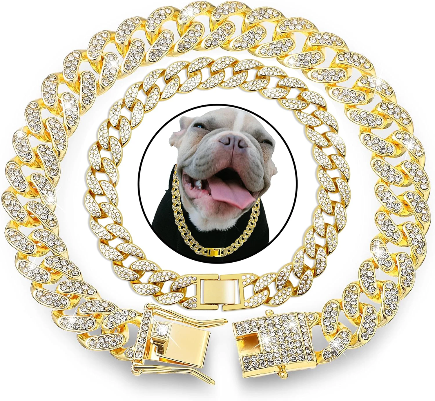 Accesorios de Joyería de Moda, Collar de Cadena Cubana de Oro de Lujo, Collar de Perro con Pedrería para Perros Pequeños, Medianos y Grandes, Bulldog Francés