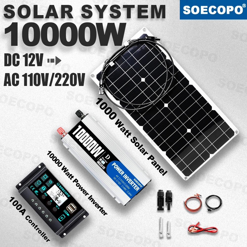 10000W Peak Solar System Kit 1000W Panel DC 12V To AC 110V/220V Inverter 100A Controller Complete Off Grid For Camp Home charger