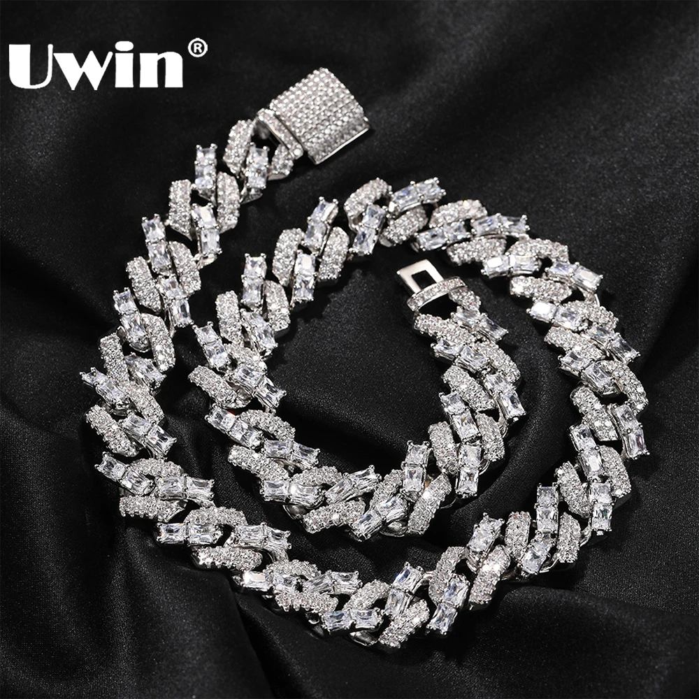 

UWIN 15mm Cuban Chain Necklace Mixed CZ and Baguettecz Iced Out Cubic Zircon Fashion Hip Hop Jewelry for Gift