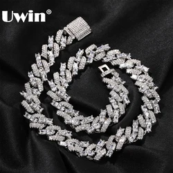 UWIN 15mm Cuban Chain Necklace Mixed CZ and Baguettecz Iced Out Cubic Zircon Fashion Hip Hop Jewelry for Gift
