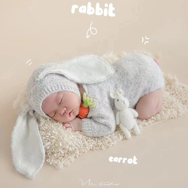 Rabbit Newborn Photography Outfit Baby Knitted Jumpsuit + Hat 2pcs/Set Cute Animal Theme Baby Costumes Studio Photo Clothing