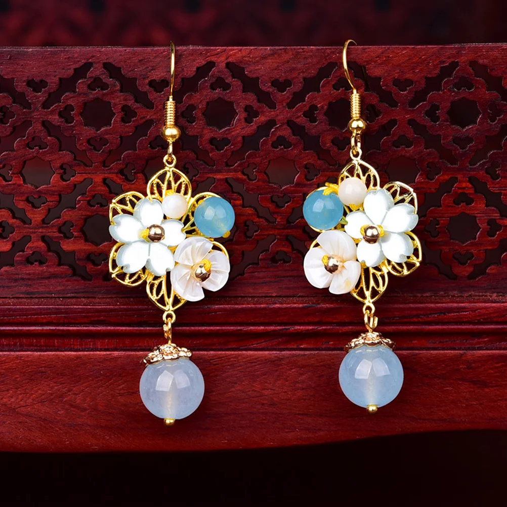 

1 Pair Flower Earrings Long Hook Drop Vintage Ethnic Blossom Design Comfortable Jade Inspired Gift For Festival Winter