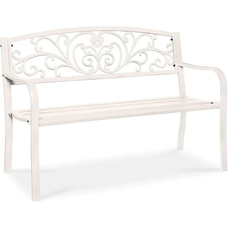 

Outdoor steel garden bench, floral design backrest, slatted seat, for patio, porch, or deck