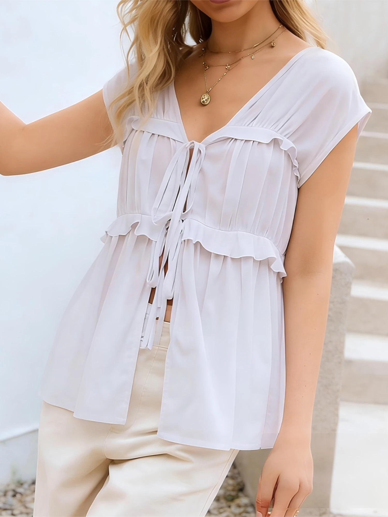

Ladies Cap Sleeve Blouses with Ruffled Front and Tie-Up Detail Solid Color Summer Tops for Casual Streetwear Fashion