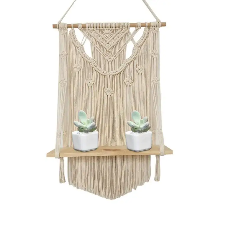 

Macrame Hanging Planter Basket Wall Handmade Plant Hanger Pot Tassel Wooden Shelf Tapestry Apartment Dorm Room Decoration